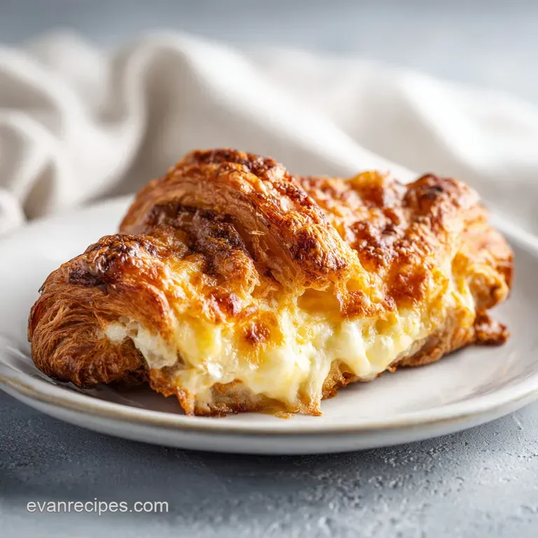 Buttery croissant casserole square on a white plate; steam rises from the flaky layers, inviting and warm with a scatterin...