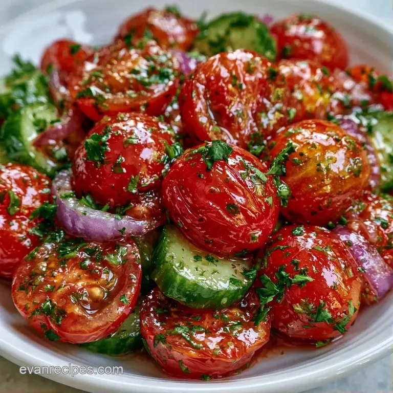 Crisp cucumber rounds and juicy red tomatoes artfully arranged on a white platter with a sprinkle of crumbled feta.