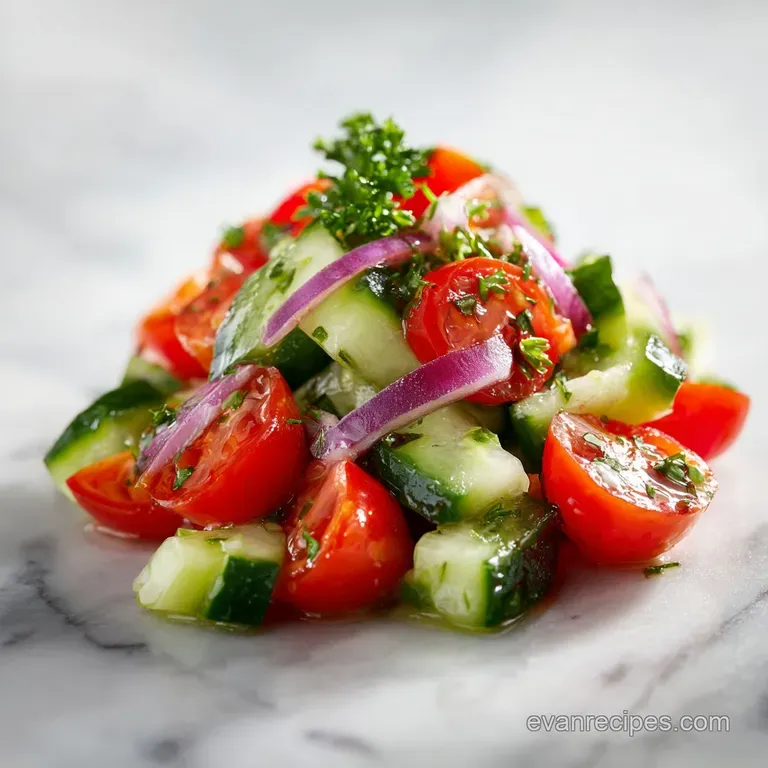 Vibrant slices of crisp cucumber and juicy red tomatoes elegantly arranged on a white ceramic plate with herbs.