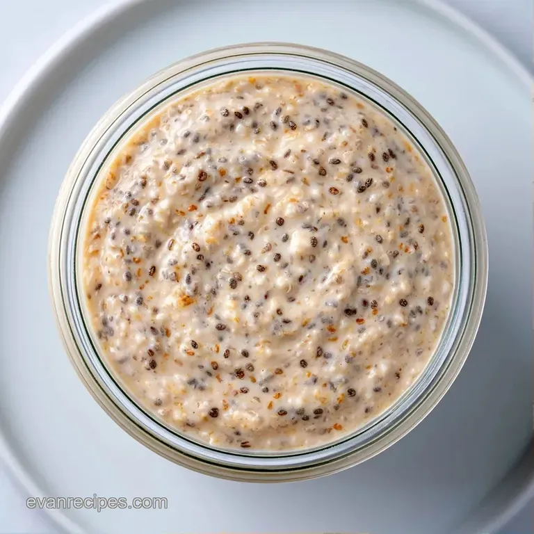 A chilled glass jar filled with textured oats, topped with a swirl of creamy almond butter and fresh berries.