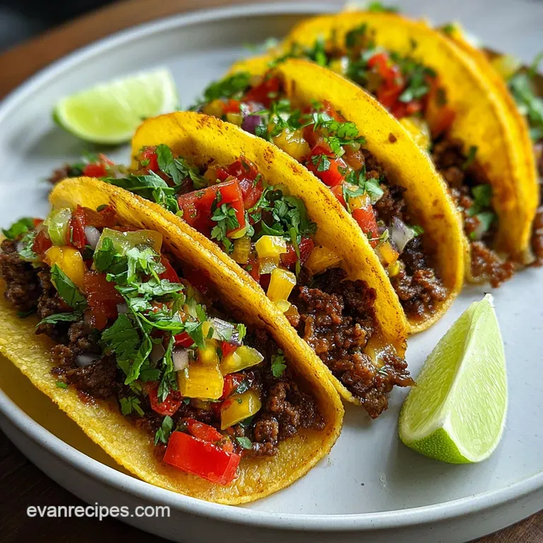 A vibrant taco, filled with seasoned ground beef, shredded lettuce, juicy tomatoes, and a swirl of sour cream, sits on a p...