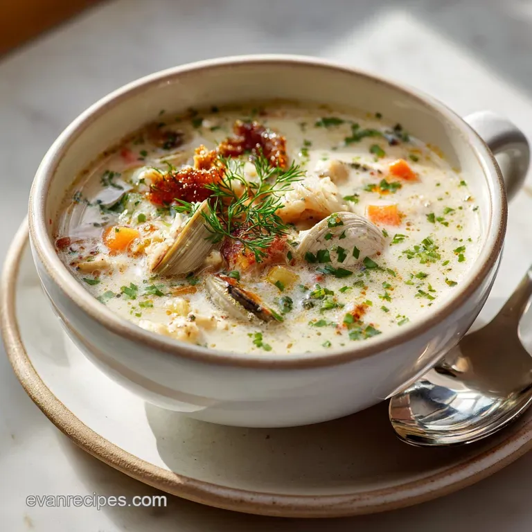 A rustic bowl of steaming clam chowder, topped with crispy bacon bits and a swirl of cream.