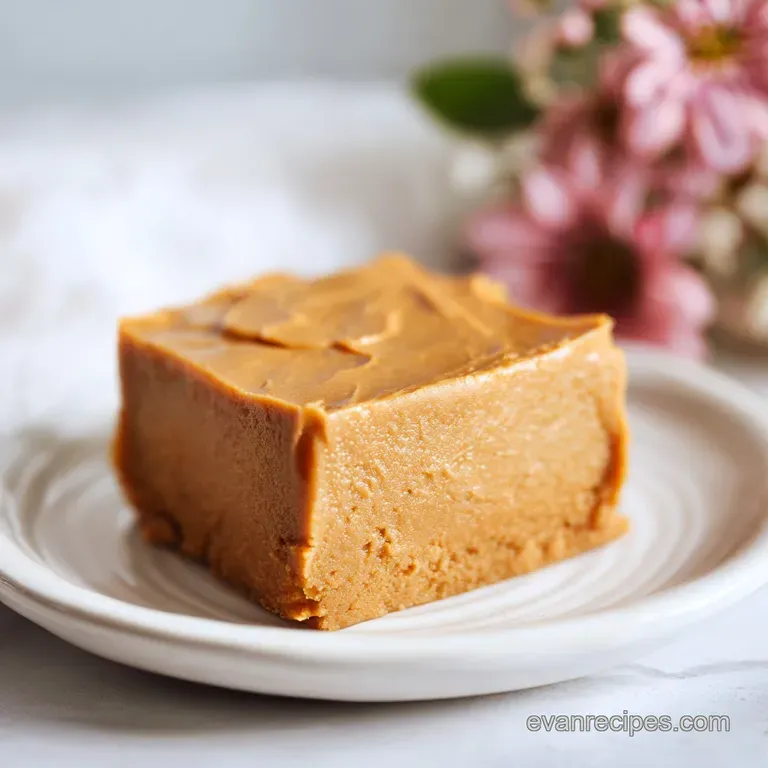 A stack of creamy peanut butter fudge squares, dusted with cocoa, artfully arranged on a small plate for a simple, elegant...