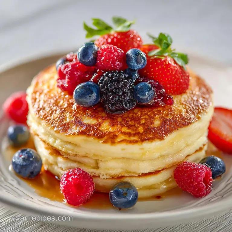 Perfectly round, light golden pancakes artfully arranged on a white plate, topped with vibrant blueberries and a dusting o...