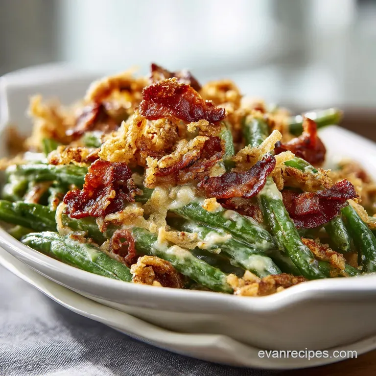 A spoonful of steaming green bean casserole with tender beans and a crisp topping is plated next to colorful autumn leaves.