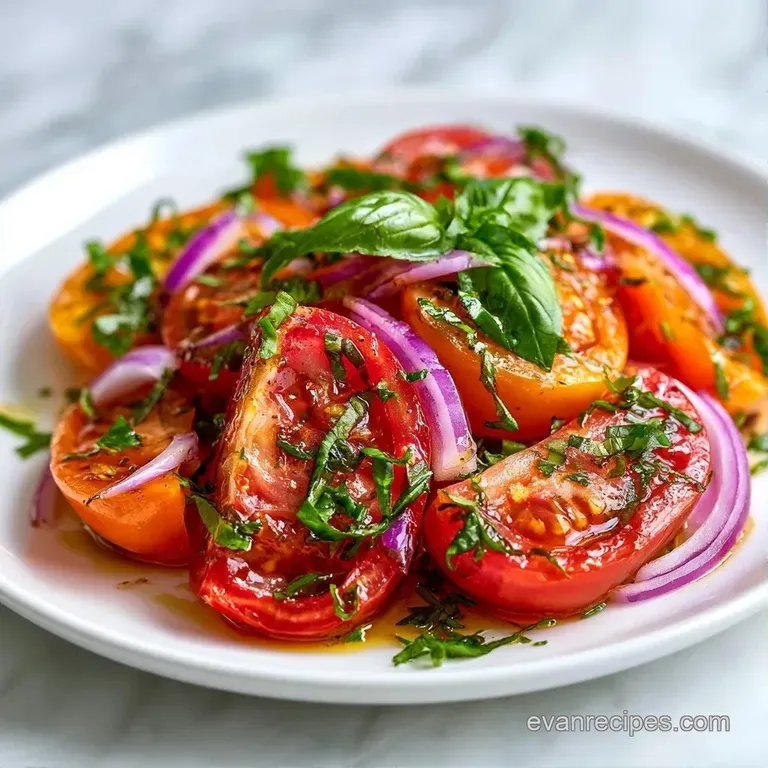 Slices of juicy red tomatoes and creamy white mozzarella arranged in a circle with fresh green basil and oil.