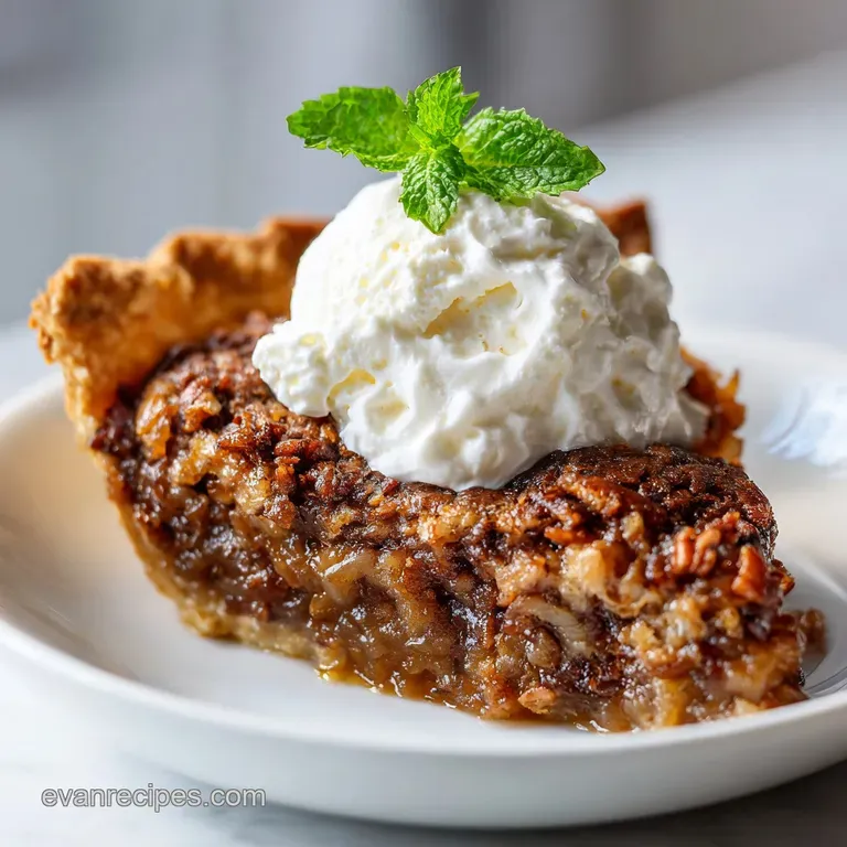 A generous slice of chocolate pie sits on a white plate, showcasing gooey caramel and toasted coconut.