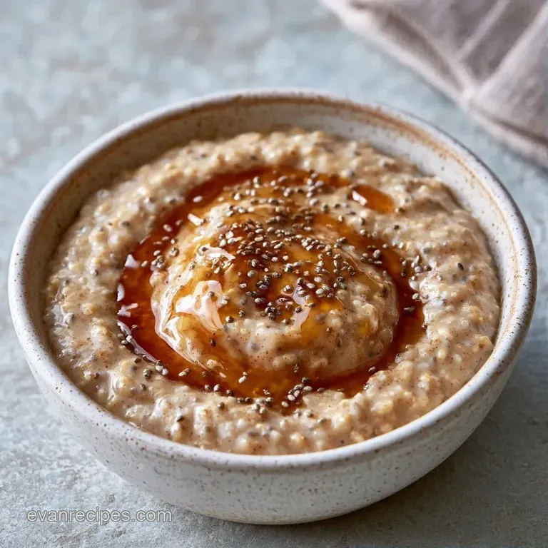 Warm beige porridge in a ceramic bowl topped with a glossy white drizzle and a sprinkling of cinnamon powder.