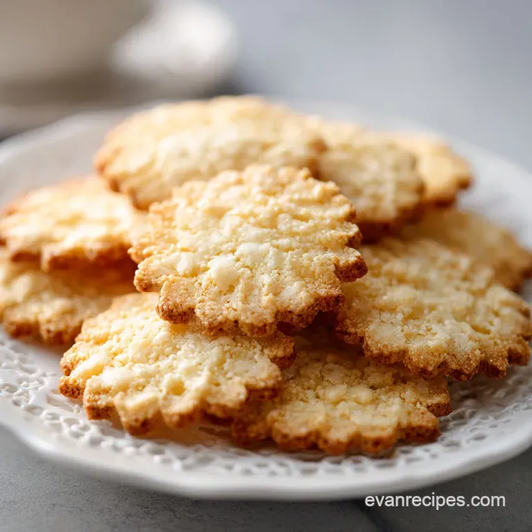 A stack of intricately patterned, golden-edged lace cookies layered on a white plate, dusted with powdered sugar. Elegant ...