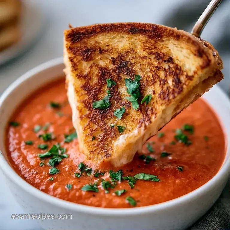 Two triangles of buttery toasted bread resting on the edge of a vibrant orange-red soup bowl with fresh basil.