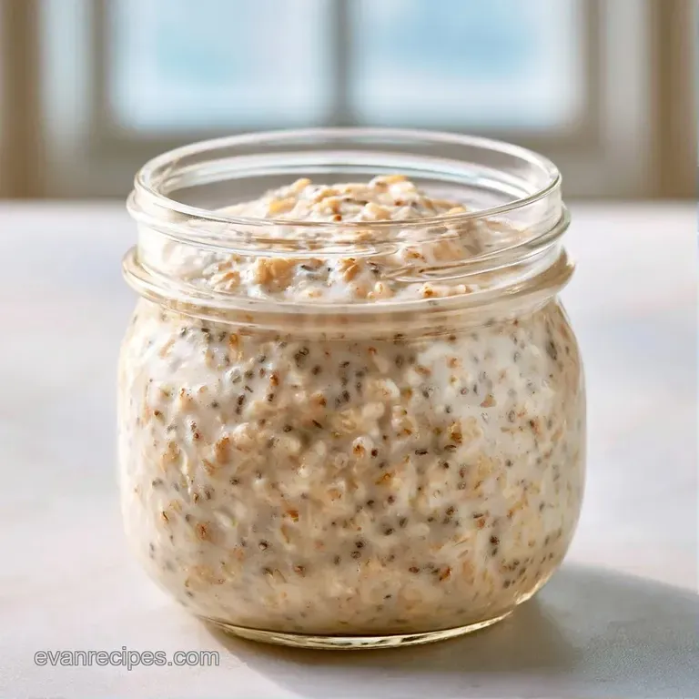 Layered oat pudding in a clear glass jar, topped with toasted almonds and a sprig of fresh mint on a white marble table.