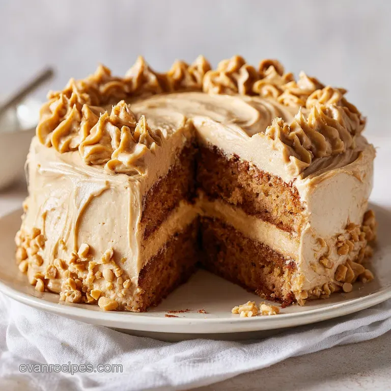 A moist slice of peanut butter cake with smooth frosting, artfully drizzled with chocolate.