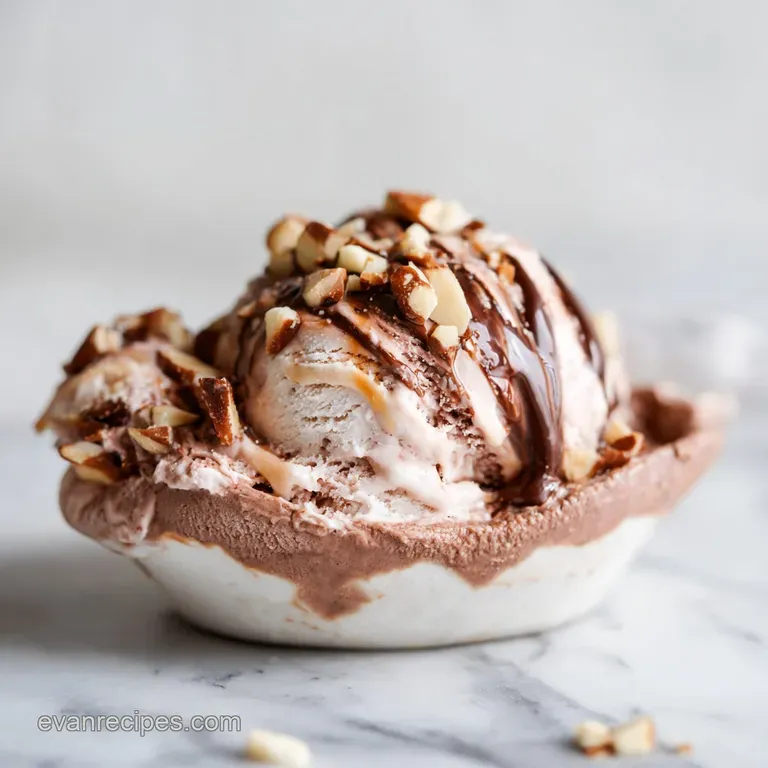 A scoop of rich chocolate ice cream topped with mini marshmallows and a cascade of chopped almonds on a white plate.