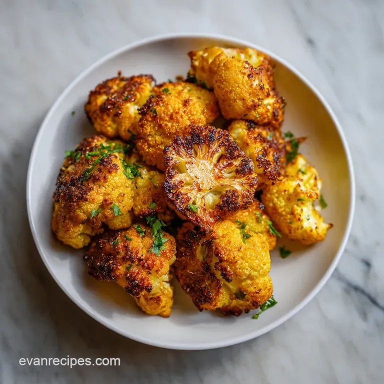 Roasted cauliflower florets drizzled with glistening honey curry sauce, artfully arranged on a modern white plate with fre...