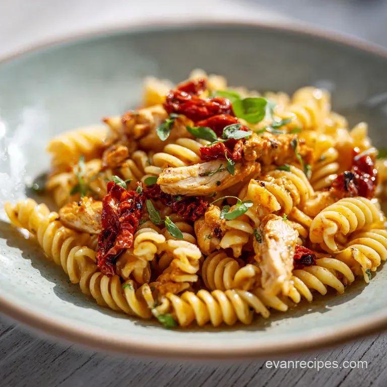 Elegant swirl of creamy pasta topped with golden chicken, red tomatoes, and fresh basil on a minimalist white plate.