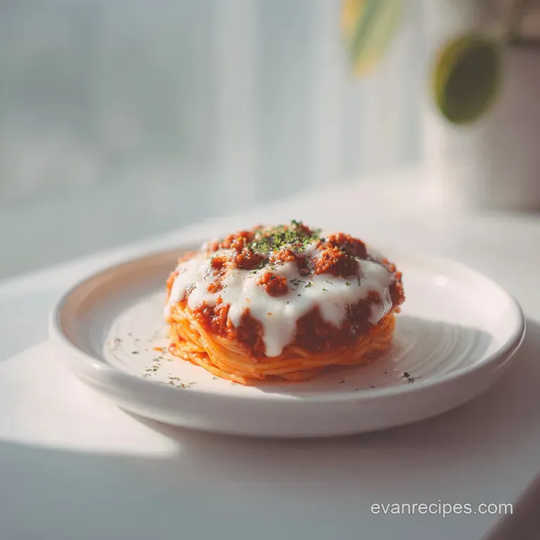 A generous scoop of creamy baked spaghetti, topped with melted cheese and fresh parsley, elegantly plated.