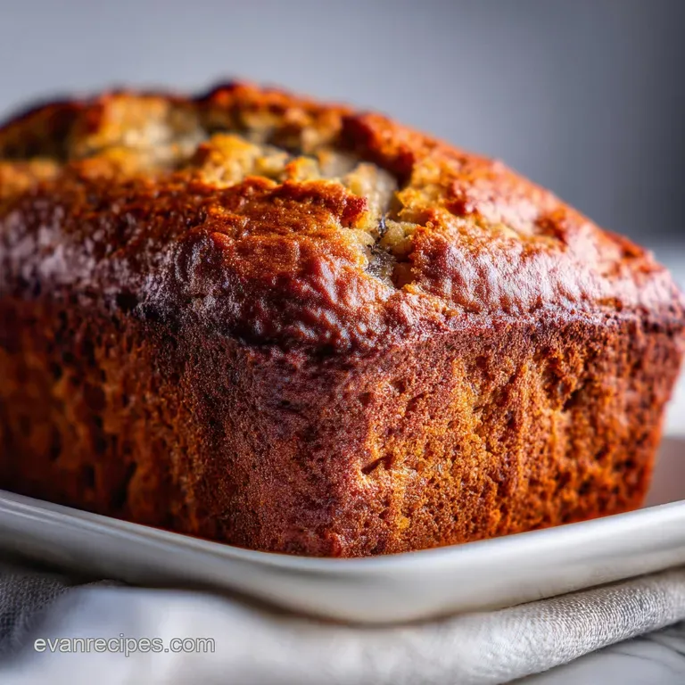 Slice of moist banana bread with a dusting of powdered sugar on a white plate, next to a cup of steaming coffee.