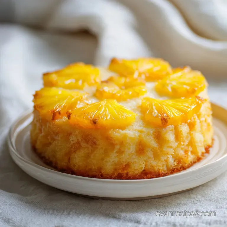 Slice of fluffy pineapple cake on a white plate, glistening with juicy pineapple chunks, beckons with its golden hue.