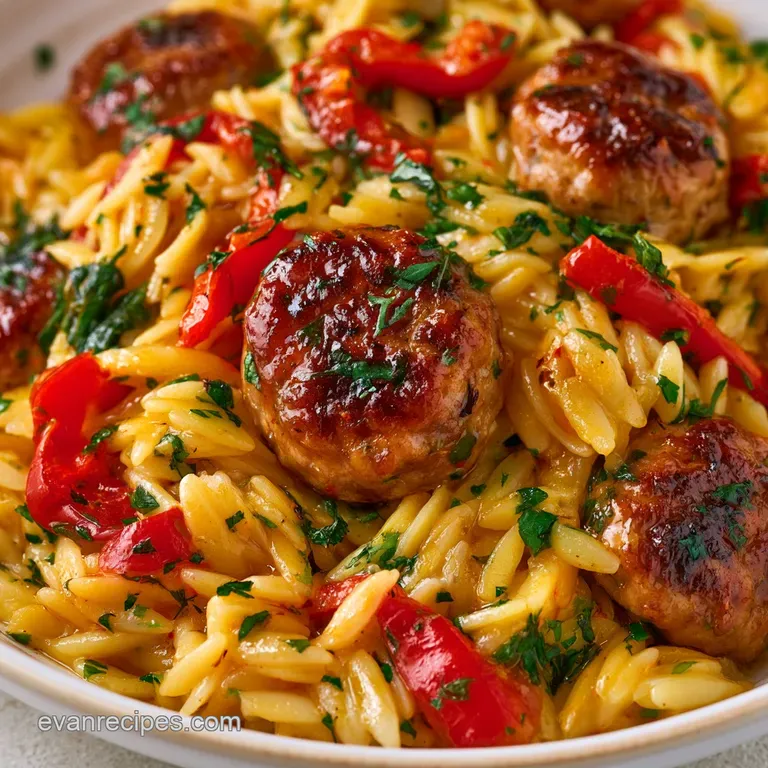 Slices of juicy, brown sausage arranged on a white plate, drizzled with melted garlic butter and fresh parsley.
