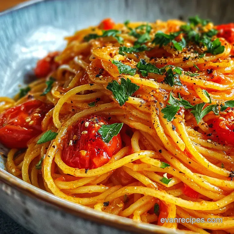 A swirl of bright tomato pasta on a white plate, basil leaves, Parmesan dusting, showcasing fresh, simple Italian.