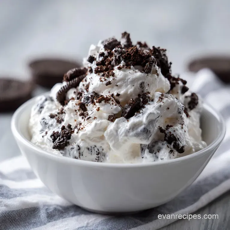 Elegant dessert dish with dollops of whipped cream, sprinkled Oreo pieces, in a crystal bowl, looks light, airy, decadent.