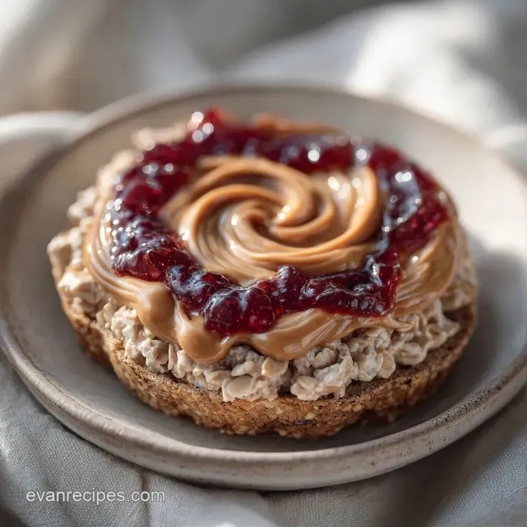 Chilled oats in a mason jar topped with a swirl of golden peanut butter and deep red fruit preserves.