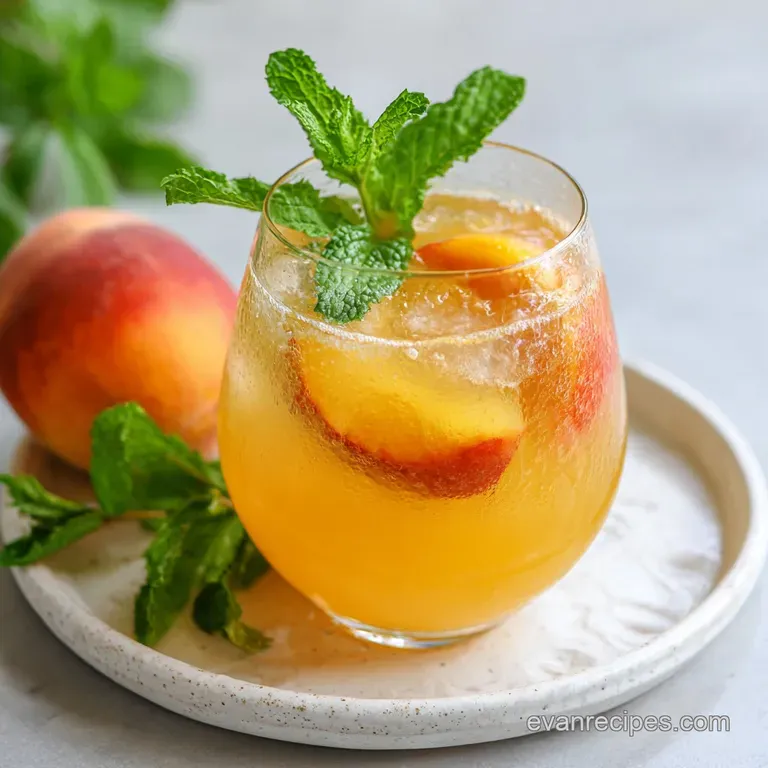 Tall glass of iced peach lemonade with mint. Condensation beads on glass; peach slice and mint garnish, refreshing.
