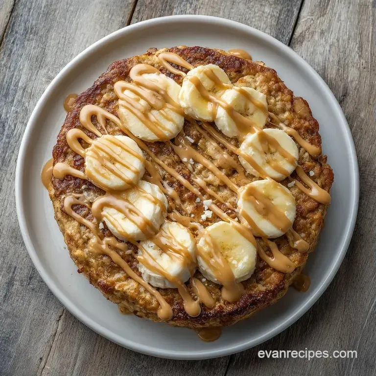 A rustic ceramic bowl of warm oats topped with neat banana coins and a swirl of creamy peanut butter on a linen cloth.