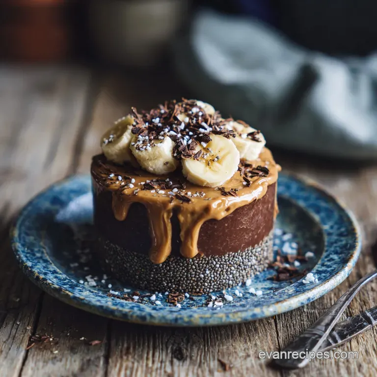 Chia pudding parfait layered in a glass, topped with chopped peanuts and chocolate shavings. A spoon invites a taste of th...