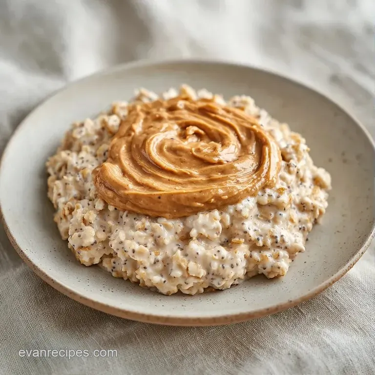 Layered beige oats in a clear jar topped with fresh banana rounds and a glossy swirl of smooth peanut butter.