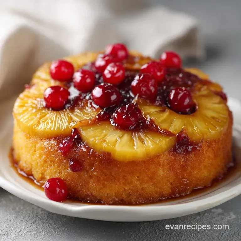 A moist slice of golden cake topped with a glossy, caramelized pineapple ring on a white ceramic dessert plate.
