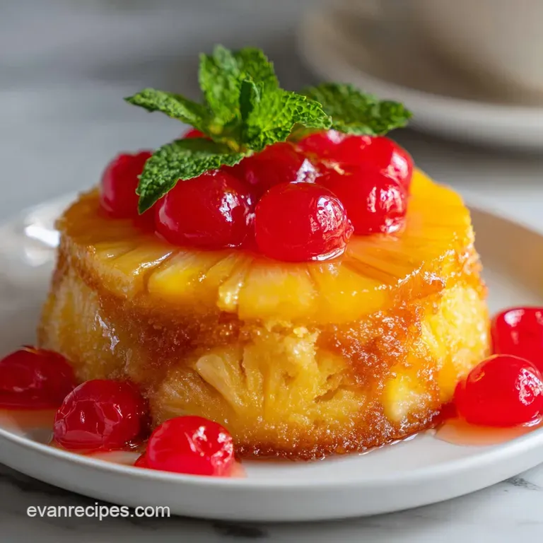 A single slice of warm pineapple cake, showcasing a glossy caramel glaze and tender, golden sponge, on a white plate.