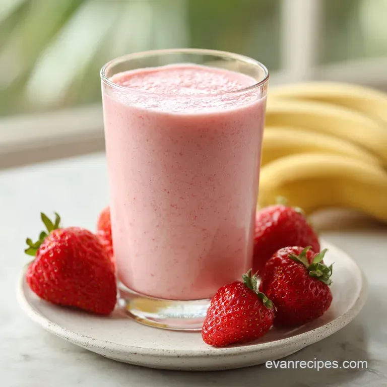 Smoothie in a clear glass, alongside fresh strawberries and a sliced banana; a vibrant, healthy treat.