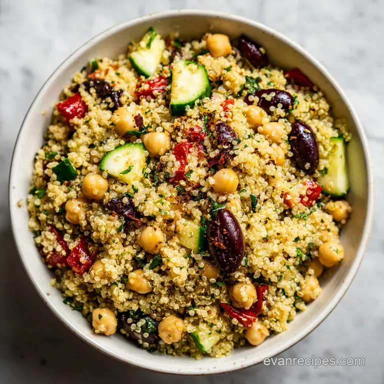 A composed plate shows fluffy quinoa mixed with chickpeas, herbs, and a glossy lemon vinaigrette. Fresh herbs add vibrant ...