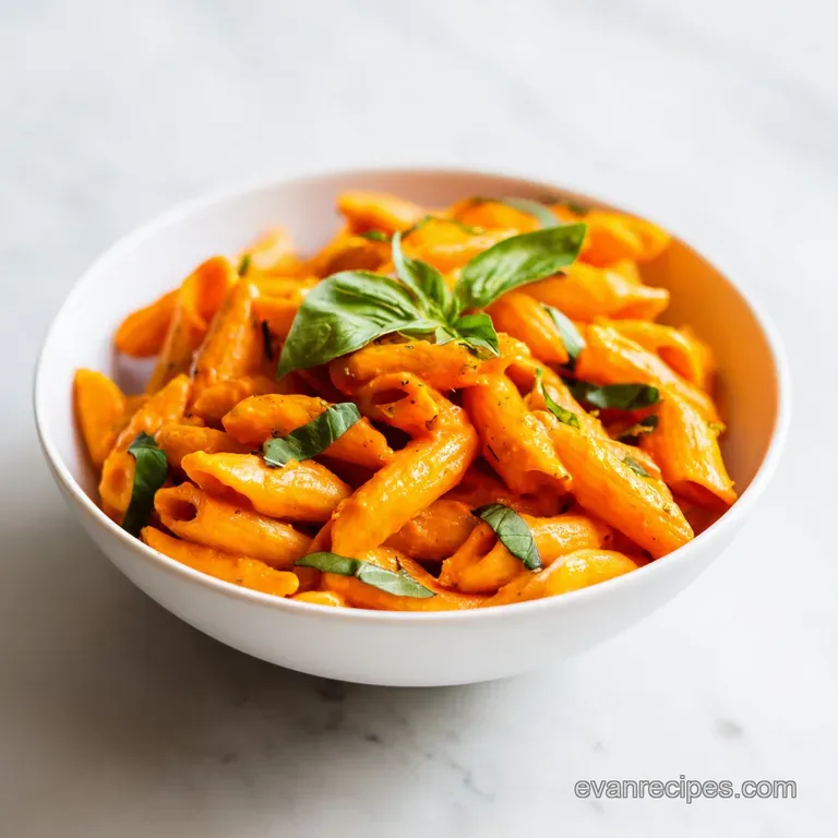 A swirl of bright red pepper pasta topped with aromatic basil and a drizzle of olive oil, artfully plated.