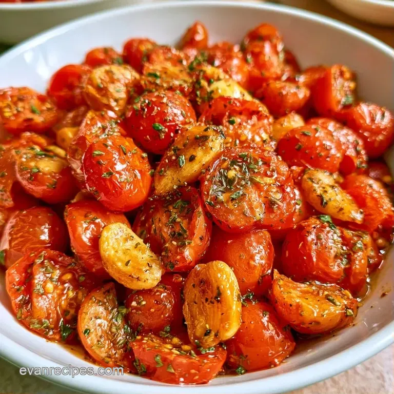 Plump, charred red tomatoes and toasted garlic cloves drizzled with oil on a white ceramic platter with fresh basil.