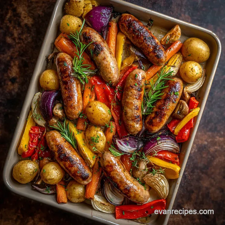 A vibrant plate of browned sausage slices nestled amongst soft potatoes and tender peppers, garnished with fresh herbs, re...