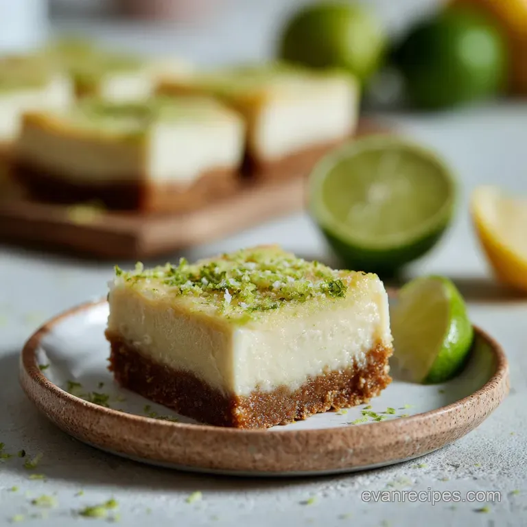 Key lime bar slice on a white plate, dusted with powdered sugar. Tart green filling contrasts with golden crust and sweet ...