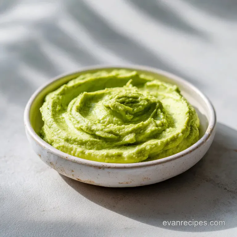 Elegant avocado dip in a glass serving dish, topped with a sprig of herbs, alongside crispy tortilla chips.
