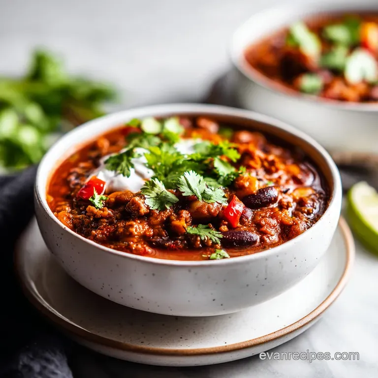 A comforting bowl of turkey chili, topped with a dollop of sour cream, chopped green onions, and a sprinkle of shredded ch...