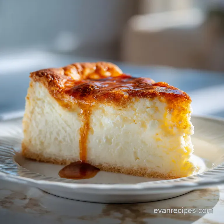 A single slice of layered sopapilla cheesecake, drizzled with golden honey, stands ready to be enjoyed on a white plate.