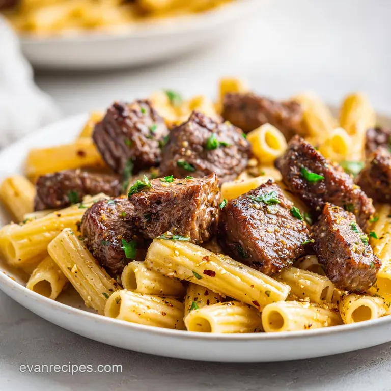 A swirl of creamy pasta topped with browned steak slices, fresh parsley, and a sprinkle of red pepper flakes.