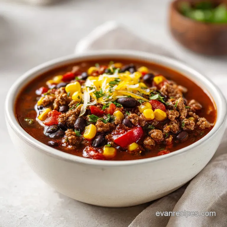 A steaming bowl of taco soup with a dollop of sour cream, shredded cheese, and a sprinkle of fresh cilantro. Comfort food!