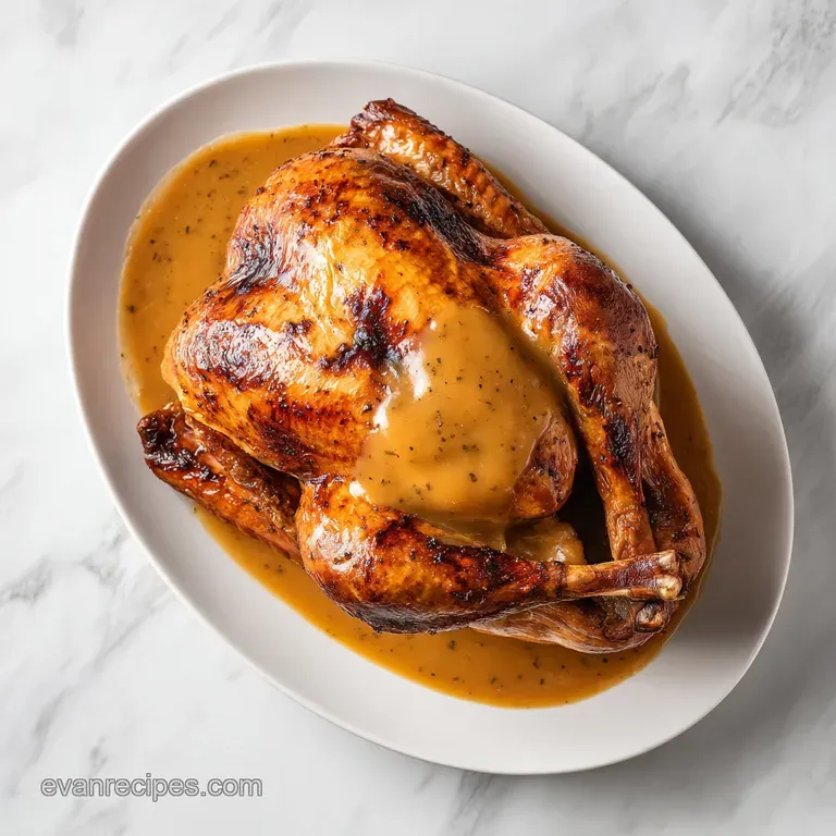 Rich, silky gravy poured over fluffy mashed potatoes, a sprig of rosemary for garnish.