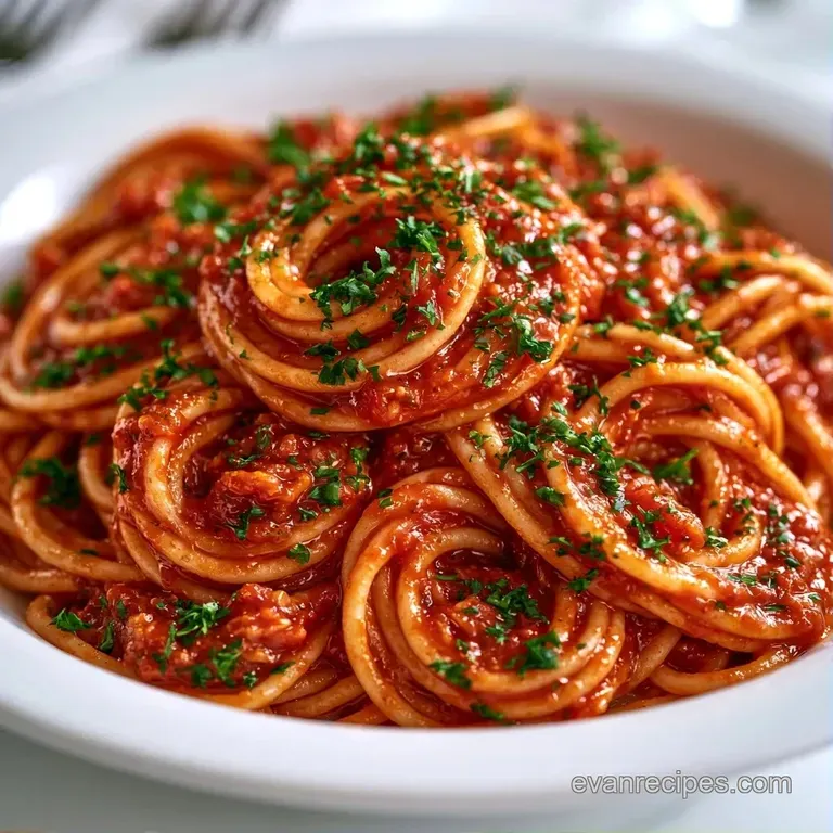 A white ceramic bowl of swirled pasta topped with crimson sauce, a sprig of basil, and a dusting of parmesan.