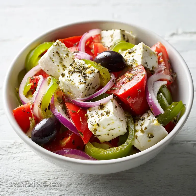 A generous Greek salad bowl brimming with colorful vegetables, topped with a thick block of feta and a drizzle of olive oil.